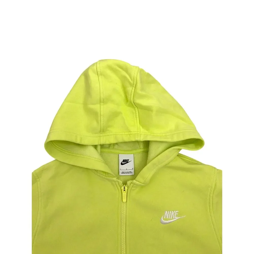 Nike Sportswear Club Fleece Full Zip Hoodie Sweatshirt Lime Green Large 14/16